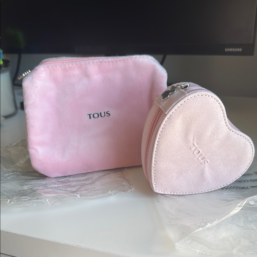 TOUS Pink Velvet Pouch and Heart Case jewelry box